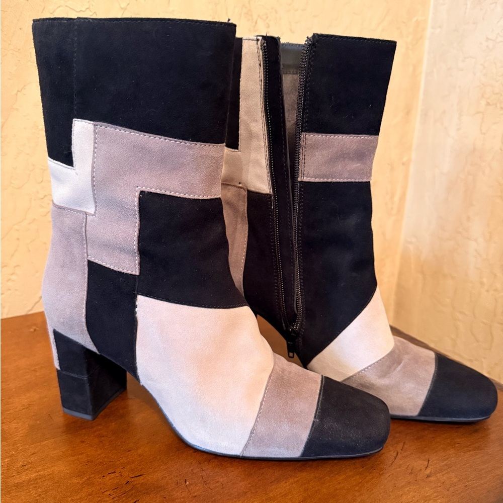 Seychelles Black and Gray Patchwork Heeled Suede Boots